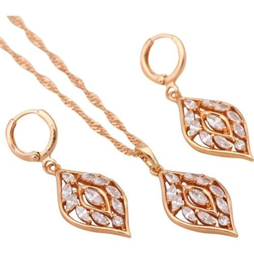 Factory price Elegant design AAA Zirconia leaf Gold tone Health Nickel & Lead free Earring Necklace Jewelry Set JS324A