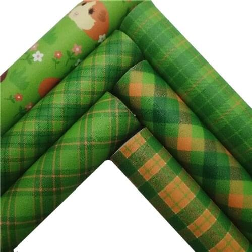 Green Plaids Tartan Printed Synthetic Leather Faux Fabric Sheets Felt Backing Vinyl For Earrings bag Bows DIY 21X29CM GM2325B