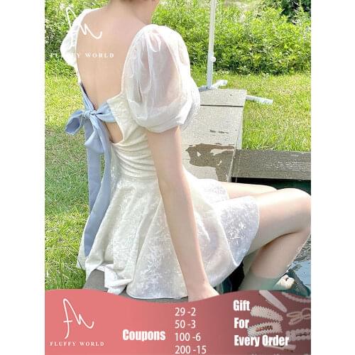 2021 Korean Trendy Womens One Piece Swimsuit Solid White Square-Cut Collar Puff Sleeve Back Bow Push Up Swim Bathing Suit