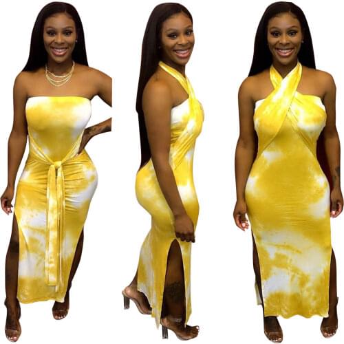 Tie Dye Dress Women Summer 2020 Strapless Bandage Dresses Sexy Tub Long Party Bodycon Club Vestido Festa Runway Dress Robe Femme