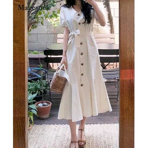 Summer New Simple French Fresh Vintage High Waist V-Neck Long Dresses Short Sleeve Lace Up Fishtail Single Breasted Dress 10256