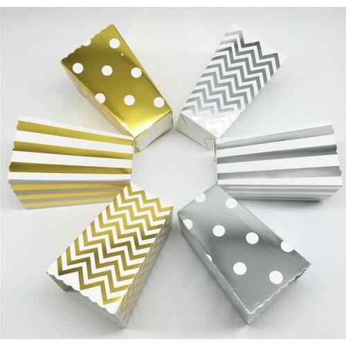 Golden Silver Polka Dot Wave Striped Paper Popcorn Box Candy Snacks Christmas Wedding New Year Birthday Party Decoration Bag