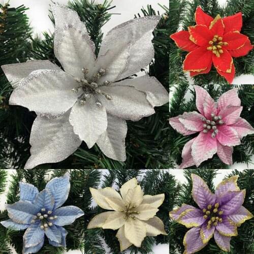 10pcs 13cm Glitter Artificial Wedding Christmas Flowers Christmas Tree Decoration Flowers Wreaths Ornament Xmas Supplies A35