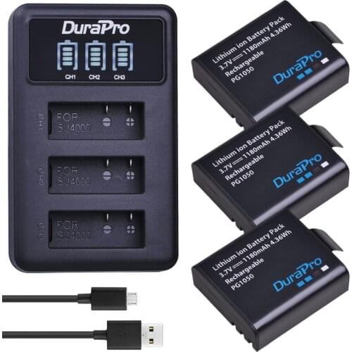 3x 1180mAh PG1050 Camera Battery + LED 3-Ports USB Charger for SJCAM SJ4000 SJ5000 M10 EKEN H9 H9 H3 H9R H8PRO H8R H8 pro Camera