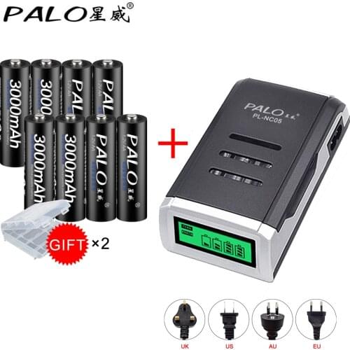 PALO 8pcs 3000mAh Ni-MH 1.2V AA Rechargeable Batteries aa battery rechargeable battery AA with LCD display 1.2V battery charger