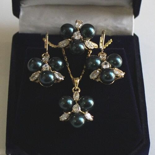 Free shipping .627 Rare 8mm Black South Sea Shell Pearl Earrings Ring & Necklace Pendant Jewel Set