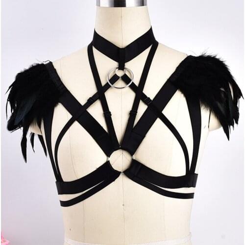 Black Feather Bondage Body Harness Epaulettes Lingerie Cage bra Punk Goth Angel Feather Wings Tops Party Dance Festival Rave