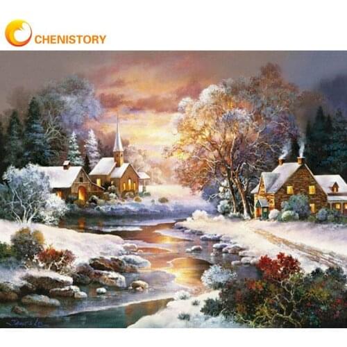 CHENISTORY Painting By Numbers Kits For Adults Christmas Sunset In Winter Landscape Oil Painting DIY Framed Drawing Artcraft Pho