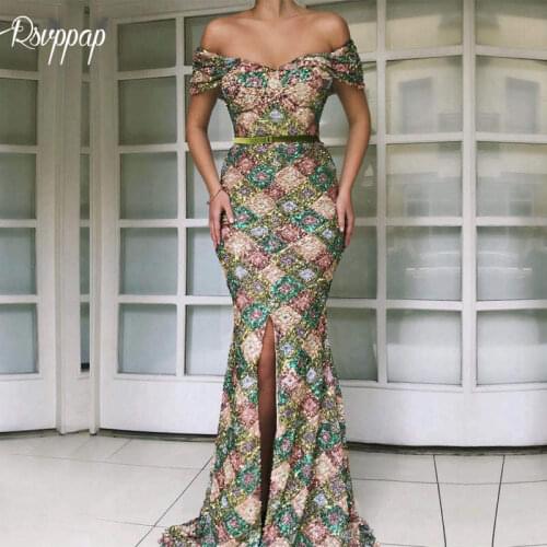 Long Arabic Dubai Evening Dresses 2020 Gorgeous V-neck Mermaid Cap Sleeve Sexy Slit Sequin Lebanon Women Formal Evening Gowns