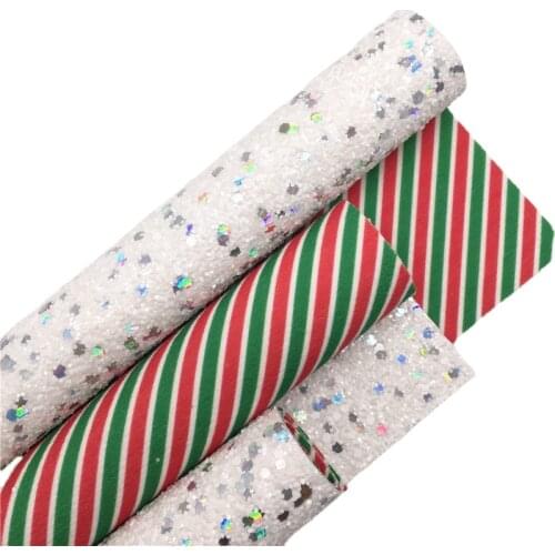 Two Sides Iridescent Chunky Glitter Vinyl Fabric Sheet Felt Backing with Printed Stripes Synthetic Leather Faux Vinil DIY 6S28