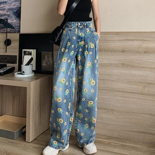 High Waist Woman Jeans Wide Leg Loose Oversize Blue Long Pants Casual 2021 Summer New Fashion Chic Vintage Print Jeans