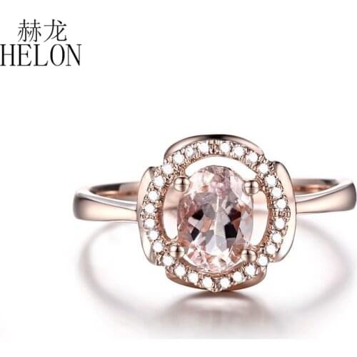 HELON Solid 14K Rose Gold 7x5mm Oval Genuine Morganite Diamonds Engagement Ring Women Wedding Trendy Fine Jewelry Diamond Ring