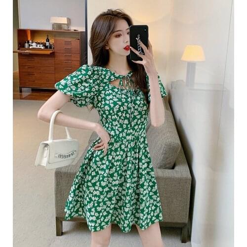 Summer and Autumn Ladies Short Elegant Sweet French Printed Nylon Cotton Mini Dress 2021 Women Clothes A148