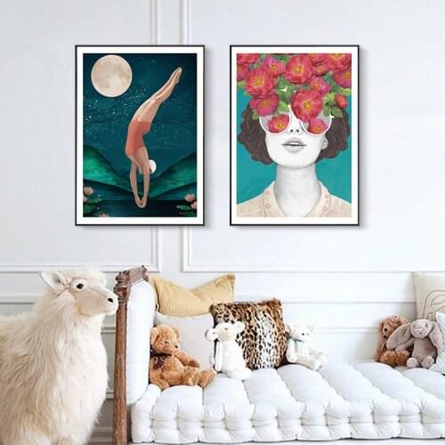Minimalist Flower Woman Pond Diving Wall Art Canvas Painting Nordic Posters and Prints Wall Pictures for Living Home Decoration