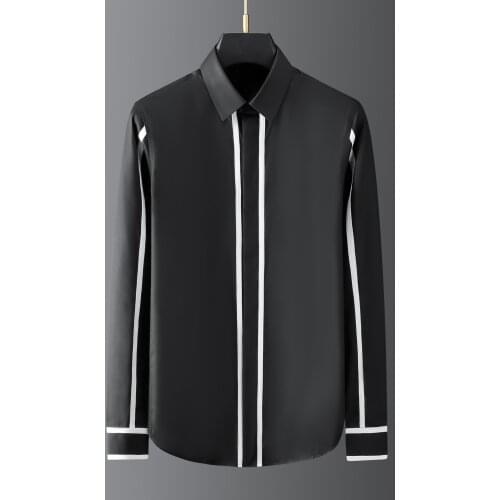 2021 Four Seasons New Fashion Shirt Black White Striped Stitching Business Casual Mens Shirt Camisa Social Masculina Ropa Hombre