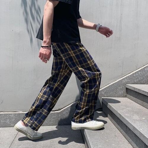 2021 Japanese Mens Straight Pants Men Casual Harem Pants Trousers Bottoms New Streetwear Men Plaid Pants
