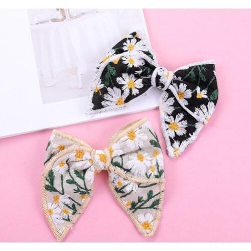 2021 New Girls Embroidery Bows Hairpins Kids Lunita Sunflowers Knot Hair Clips Baby Cotton Linen Hair Accessories