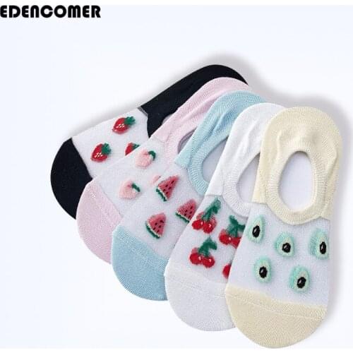 New Cotton Ladies Short Socks 2019 Summer Fashion New Sweet Glass Socks Cute Fruit Invisible Boat Socks Slippers Women