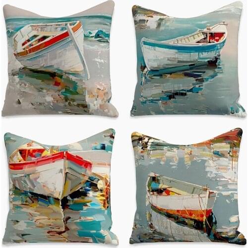 New style abstract oil painting style boat beach pillowcase car sofa cushion cover home decoration can be customized