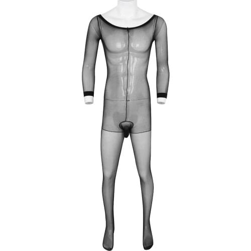 Mens Adult Sexy Skinny Stretchy Stocking Long Sleeves Closed Penis Sheath Design Full Body Closed Toe Pantyhose for Nightwear