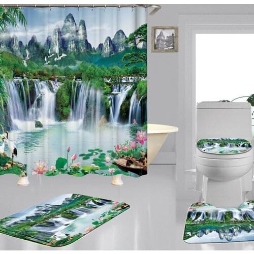 Modern Green View Bathroom Four-piece Set with Hook Waterproof Shower Curtain Home Decor Bathroom Bath Mat Toilet Mat