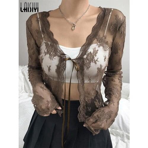 Bts 2000s T-shirts Kawaii Y2K Lace Cardigan Tops Women See Through Sexy Mesh Tee Tie V Neck Long Sleeve T Shirt Female Clothing