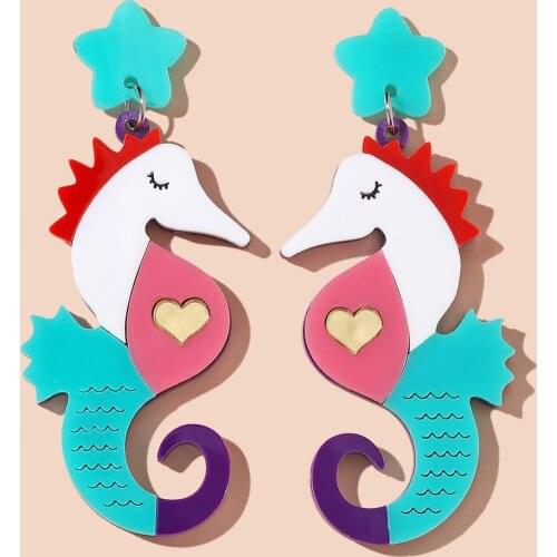 New Fashion Colorful Acrylic Seahorse Drop Earrings For Women Girls Lovely Seahorse Blue Star Heart Long Dangle Earrings Jewelry