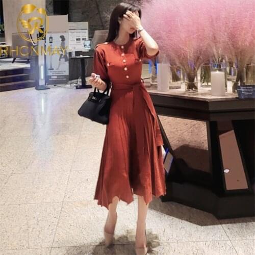 2021 Summer Knitted Vintage Women Long Dress Half Sleeve Single-breasted Belted Pleated Dresses Elegant Fashion Ladies Vestidos