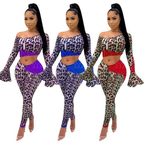 43M6329 Autumn Winter Women Sexy Skinny Leopard Patchwork Two Piece Set Top and Pants Tracksuit Sweatsuit Outfits Hot 2020