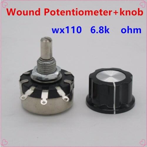 5pcs WX110(010) 6.8k ohm 3 Soldering Terminals 6mm Round Metal Shaft Single Turn Wire Wound Potentiometer+knob