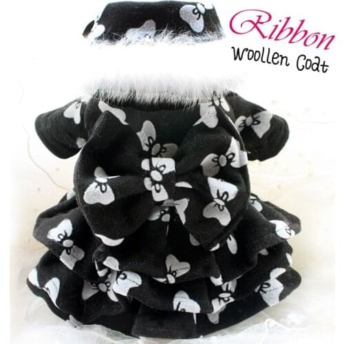 Free Shipping High Quality Handmade Fur Collar Detachable Big Bow Black Dog Coat Dress Vest Pet Outfit Winter Yorkie Poodle