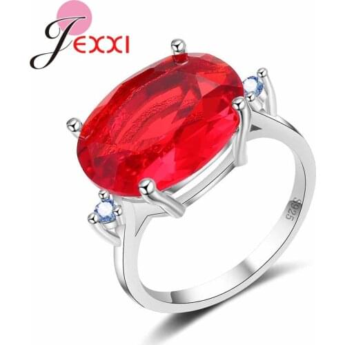 Shiny Red Oval Crystal Ring Solid 925 Sterling Silver Wedding Anniversary Engagement Cubic Zircon Jewelry for Women Gifts