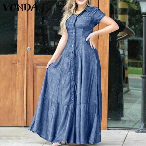VONDA Denim Dress 2021 Women Short Sleeve Lapel Button Down Pure Shirt Dresses Autumn Party Vestido Loose Solid Long Robe