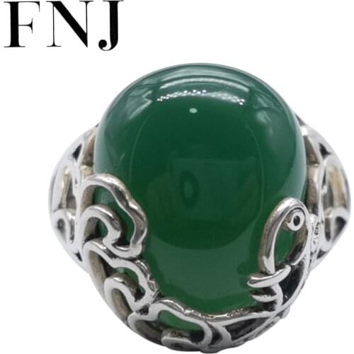 FNJ Natural Green Agate Ring 925 Silver New Fashion Original S925 Sterling Silver Rings for Women Jewelry Adjustable size