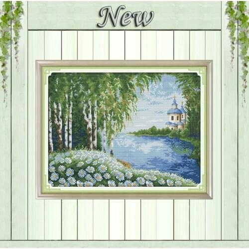 White birch trees garden Scenery painting,Counted print on canvas DMC 14CT 11CT DIY Cross Stitch Needlework kits Embroidery Sets