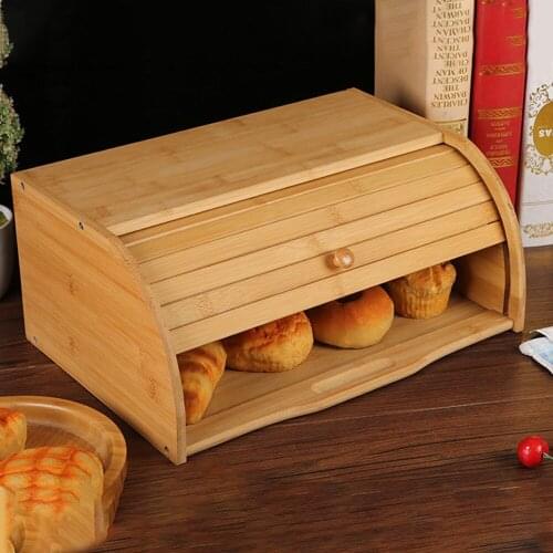 Natural Bamboo Bread Pastry Holder Food Storage Container Kitchen Rolltop Loaf Storage Box Home Supplies Bread Box Storage Bin