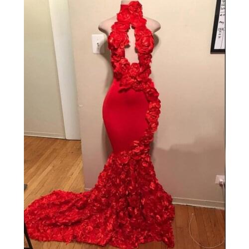 Red Mermaid Prom Dresses Long 2021 Real Sample Lovely High Neck Cut-Out Front Handmade 3D Flowers Backless Prom Dress