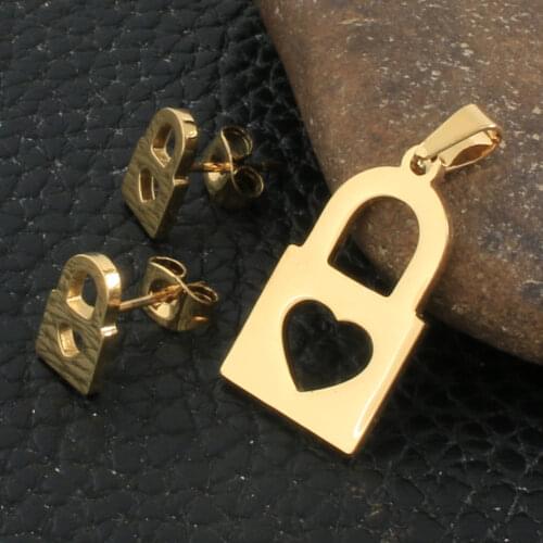 Fashion Lock Style Stainless Steel Jewelry Sets For Women Gold Color Pendants And Earrings SFXZBJAF