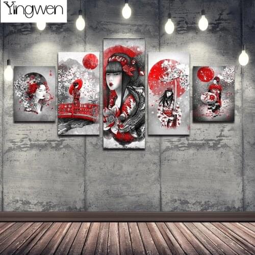 5 Piece Japanese Geisha Style Diy Diamond Painting Cross Stitch Kits Full Drill Mosaic Embroidery Multi Panel Home Decor Gift