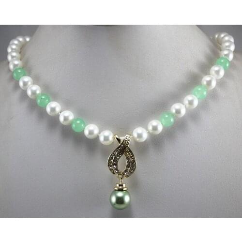 New arrive design Noblest 7-8mm white freshwater pearl mixed green natural jade 14mm pearl bead pendant fashion jewellery