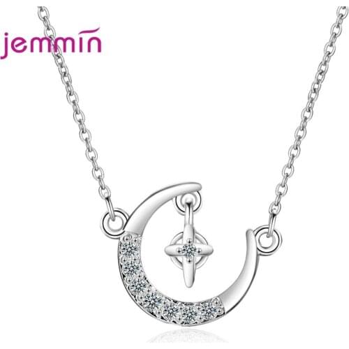 Clavicle Short Necklace 925 Sterling Silver Jewelry for Women Collares Austrian Crystal Paved Moon Star Pendant Choker Collar