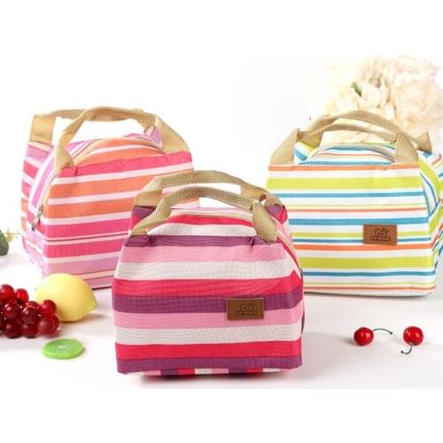 Canvas Stripe Picnic Lunch Drink Thermal Insulated Cooler Tote Bag Portable Carry Case Lunch Box LX6758