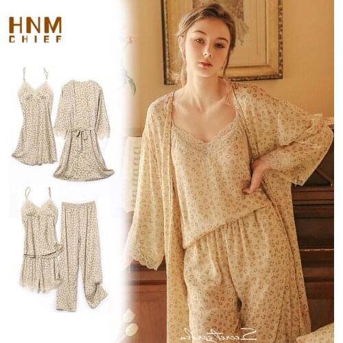 HNMCHIEF Leopard Chiffon Pajamas Set Worsted Robe Silk Patchwork Lace Pyjamas Bathrobe Suit Sleepdress Camisole Nightgown