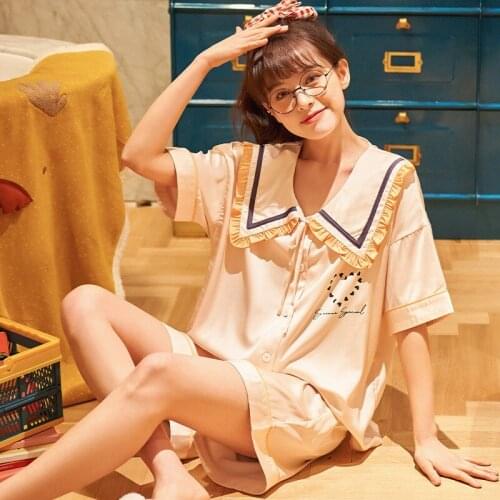 Kawaii Womens Pajamas Two Piece Set Ice Silk Short Sleeve Sleepwear Vintage Palace Style Lace Bow Girl Nightwear Summer Homewear