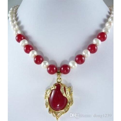 The gift to mother! Elegant 7-8mm White Akoya Cultured Pearl red jades Necklace A>>> free shipping
