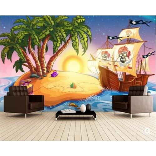 Custom papel de parede infantil,treasure island and pirate ship,3D cartoon mural for bedroom childrens room wallpaper