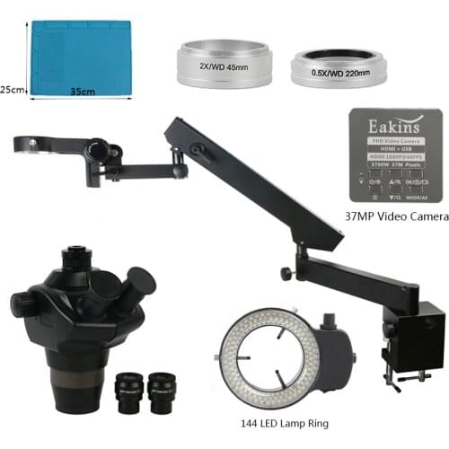 Articulating Arm Pillar Clamp Industrial Trinocular Stereo Microscope Zoom 4X 8X 50X 100X With 37MP HDMI USB Video Camera