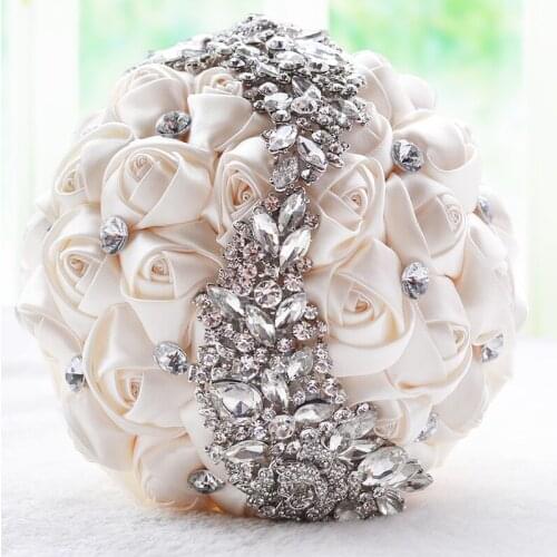 Luxury HandMade DIA 18cm Silver Crystal Brooch Jewelry Satin Rose Bridal Bridesmaid Wedding Bouquet Decoration Home Bride Flower