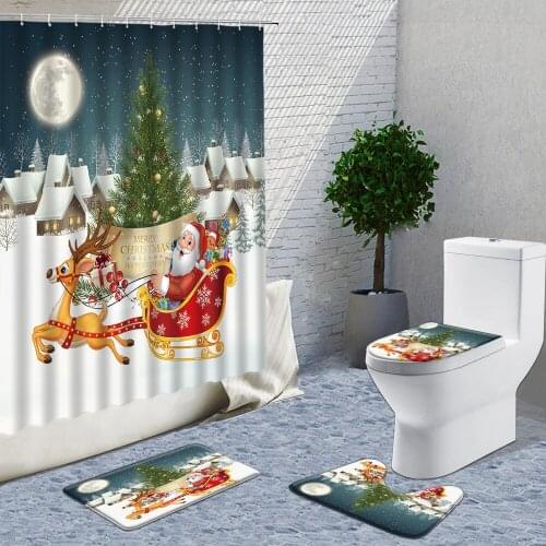 Christmas Shower Curtains 4pcs Sets Hooks Christmas Balls Blue Background Winter Festival Bathroom Curtain Toilet Bath Mats Rugs