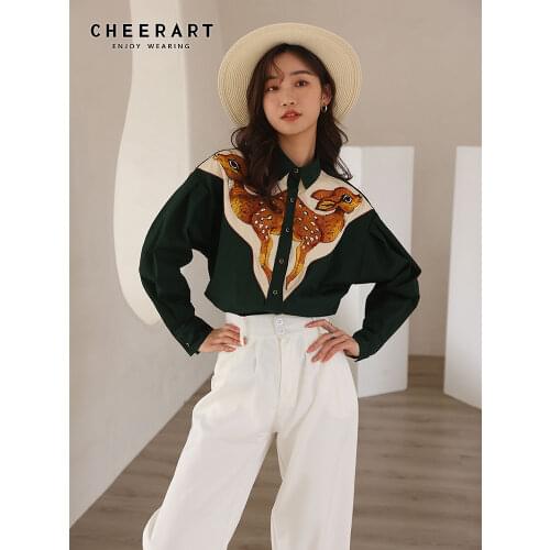 CHEERART Deer Embroidered Long Sleeve Shirt Vintage Button Up Collar Dark Green Shirt For Women Designers Tops And Blouses 20201